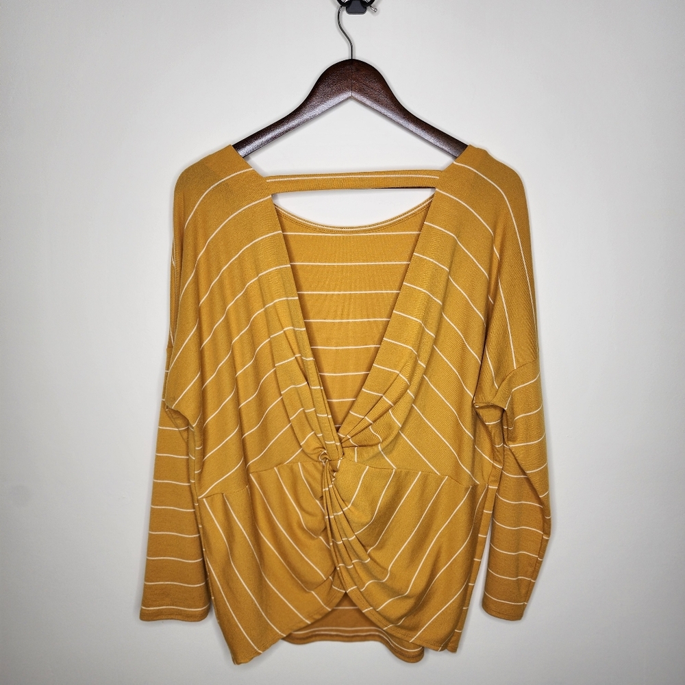 Womens Trust Forever Striped Longsleeve Open Back Top in Mustard size L